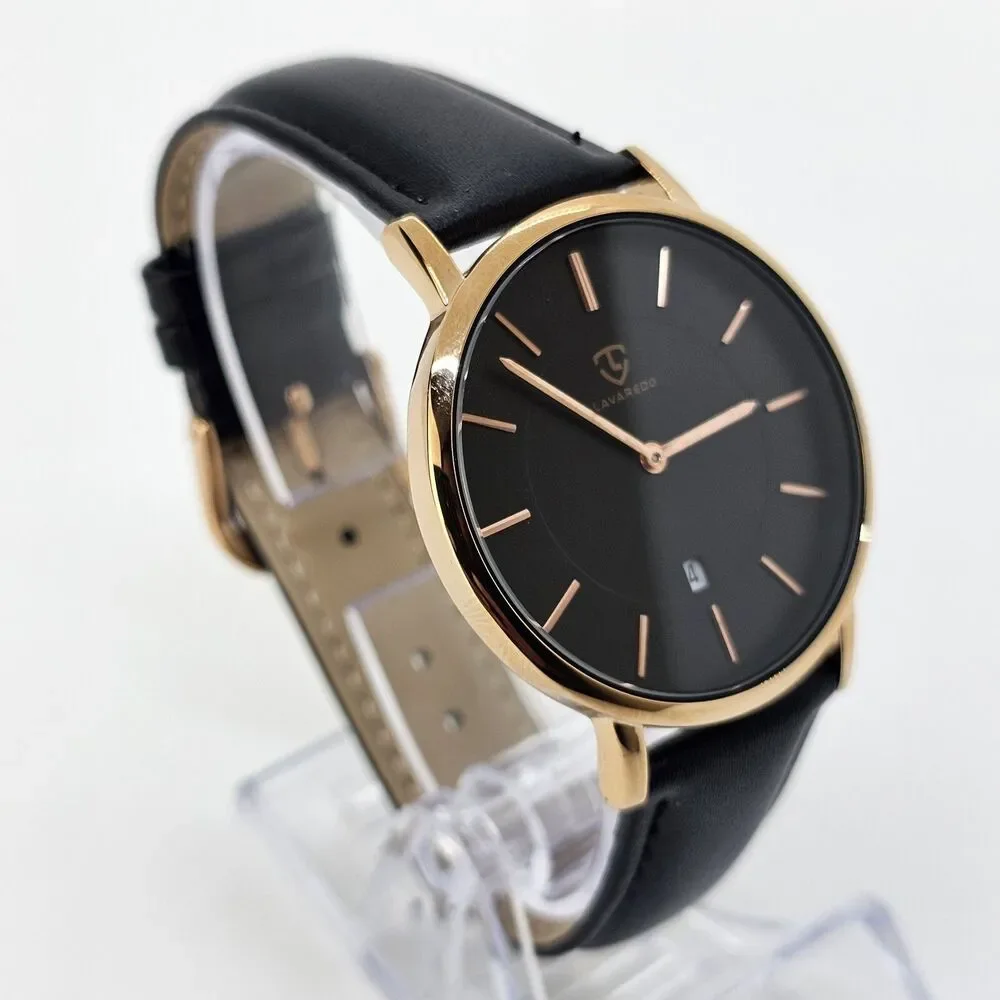 Men's Watch 40MM Black Dial Gold Case Black‎ Leather Band Straps Date Indicator
